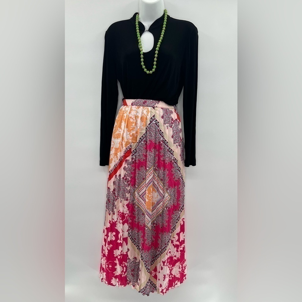 Chico's Silk Floral Pleated Borders Lined Maxi Skirt Size 2P (LP)